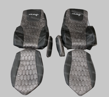 ACTIE ! Stoelhoezen DAF zwart L1 met patroon verticaal gestikt prit stof in antraciet TV 27  met Daf handgeschreven in zilvergrijs ,zilvergrijs stiksels (let op luxury stoel )