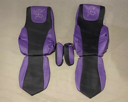 OP is OP Standaard stoelhoezen set geschikt voor  DAF XF euro 6  kleur paars L15 / safari stof zwart A1, paarse borduring (Chauffeursstoel luxury stoel, Bijrijdersstoel Basis, comfort )