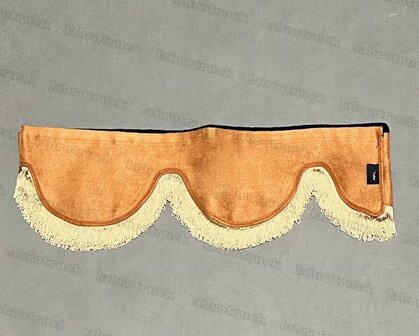 OP is OP Raamband /voorraamstrook TYPE 1, Kleur: OUDE oranjebruin met enkel zandkleurig korte viscose franjes 5 cm