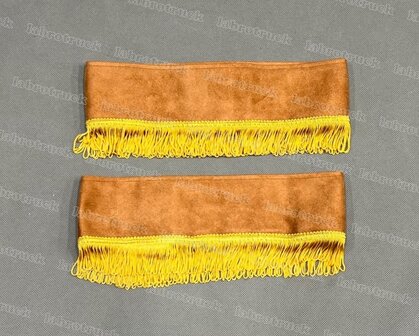 OP IS OP Losse brede embrasses ALCANTARA STOF  voor zijgordijnen met franjes, kleur oranjebruin met 5 cm goud-honingkleur franjes (F50-4)