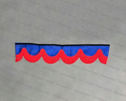 OP is OP Raamband /voorraamstrook TYPE 1, Kleur: OUDE kobaltblauw SP 7 met dubbel rode lange viscose franjes 8 cm