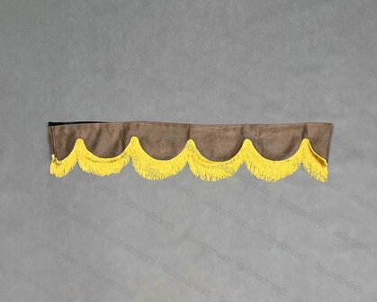 OP is OP Raamband /voorraamstrook TYPE 1, Kleur: chocobruin SP 24 met enkel goud/honingkleurige lange viscose franjes 8 cm