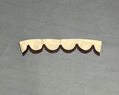 OP is OP Raamband /voorraamstrook TYPE 1, Kleur: OUDE beige SP48 met enkel donkerbruine korte viscose franjes 5 cm