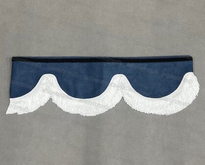 OP IS OP Raamband /voorraamstrook TYPE 1, Kleur: oud donkerblauw SP11  met WITTE dubbel viscose franje 5 cm F50-1