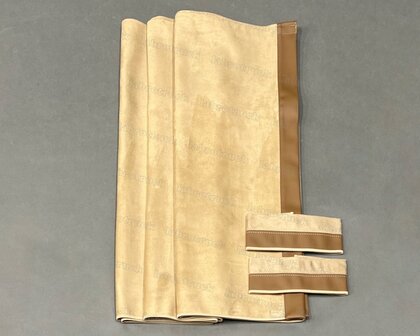 ACTIE : Zijgordijnen ALCANTARA PLUS met LEDERLOOK RAND, cappuccino SP5/ bruin L4 met DUO embrasses (maat: 90 cm)