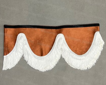 SALE: Raamband /voorraamstrook TYPE 2, Kleur: cognacbruin SP3 met met 8 cm dubbel GEBROKEN WIT FRANJES