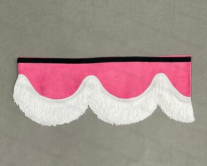 SALE : Raamband /voorraamstrook TYPE 1, Kleur: ROZE SP12 met 8 cm dubbel GEBROKEN WIT FRANJES 