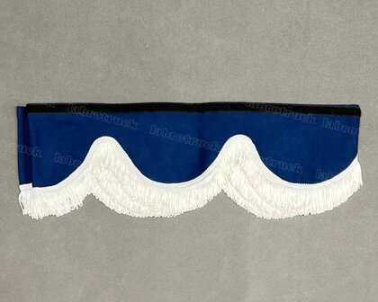 SALE : Raamband /voorraamstrook TYPE 1, Kleur: donkerblauw SP18 met 5 cm dubbel GEBROKEN WIT FRANJES 