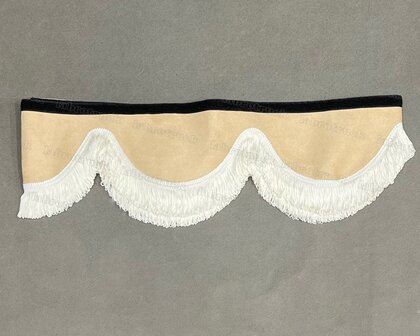 SALE : Raamband /voorraamstrook TYPE 5, Kleur: beige SP48 met 5 cm dubbel GEBROKEN WIT FRANJES 