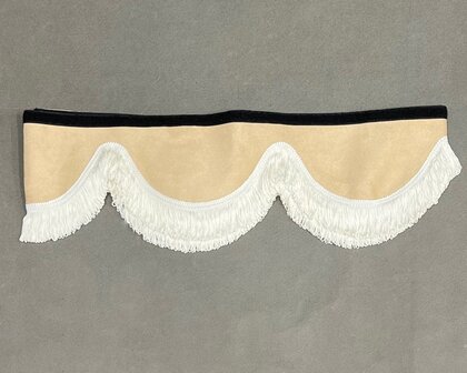 SALE : Raamband /voorraamstrook TYPE 1, Kleur: beige SP48 met 5 cm dubbel GEBROKEN WIT FRANJES 