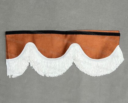 SALE : Raamband /voorraamstrook TYPE 1, Kleur: cognacbruin SP3 met 8 cm dubbel GEBROKEN WIT FRANJES 