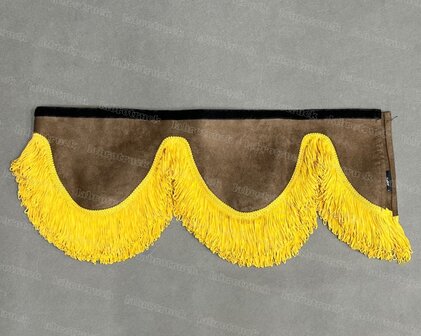 OP is OP Raamband /voorraamstrook TYPE 2. Kleur: oud chocoladebruin SP24 met dubbel goud - honingkleur franjes van 8 cm.