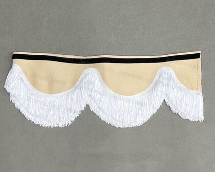 OP is OP Raamband  TYPE 5 (ingekort), Kleur: beige SP48 met dubbel witte viscose franjes van 8 cm