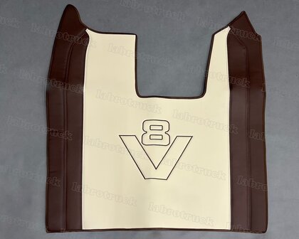VOORRAAD VOORDEEL! Tunnelhoes  geschikt voor SCANIA R next generation, kleur zijkanten chocoladebruin L21, middenstuk beige  L48, met logo in chocoladebruim.