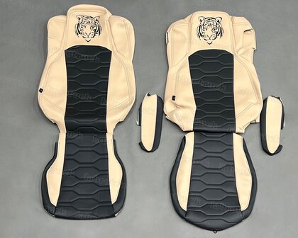 Stoelhoezen geschikt voor Mercedes Klapstoel- glade zijkanten: skin beige- middenstuk grote patroon: zwart L1. Logo en stiksels in zwart.