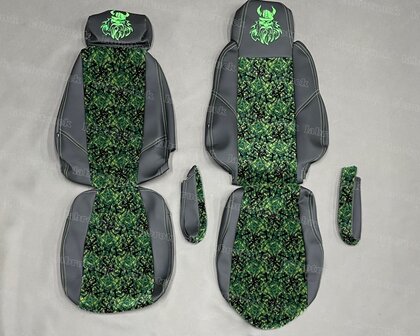 SALE : Stoelhoezen geschikt voor Scania MODEL 3  passagiersstoel een KLAPSTOEL - zijkanten: zwart L1, middenstuk: deens groen, stiksles: groen, logo viking nr.7 in groen (2915)