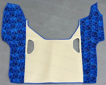 SALE! Tunnelhoes geschikt voor SCANIA G 2019 NEXT GENERATION (hoge tunnel)  zijkanten deens blauw, middenstuk  glad lederlook beige L8. Logo optioneel.
