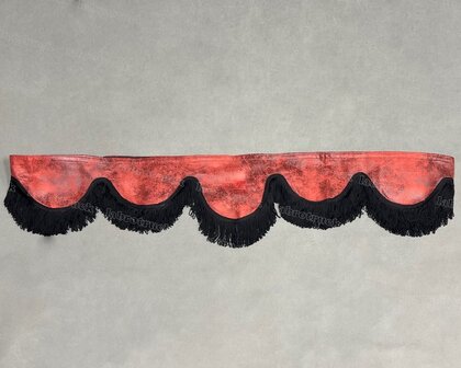 OP IS OP Raamband /voorraamstrook TYPE 6, Kleur: PRIT bordeauxrood T 310  met dubbel viscose franje 8 cm zwart