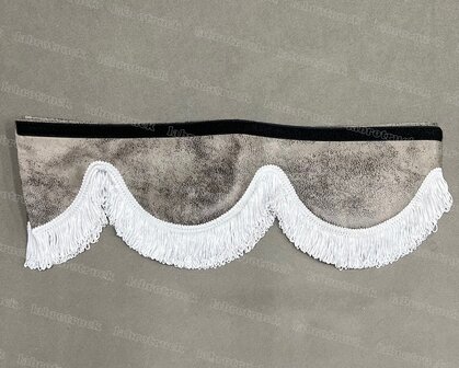 OP IS OP Raamband /voorraamstrook TYPE 1, Kleur: PRIT oud paper dust T32  met enkel viscose franjes 5 cm zilvergrijs.