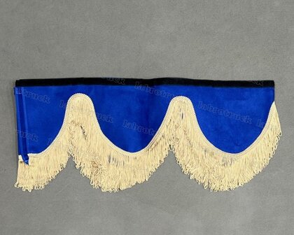 OP is OP Raamband /voorraamstrook TYPE 2, Kleur: oud kobaltblauw met enkel zand viscose franjes van 8 cm