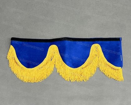 OP is OP Raamband /voorraamstrook TYPE 2, Kleur: oud kobaltblauw met enkel goud-honing viscose franjes van 8 cm