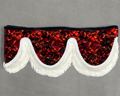 OP is OP Raamband /voorraamstrook TYPE 2, Kleur: DEENS ROOD met dubbel GEBROKEN WIT viscose franjes van 5 cm