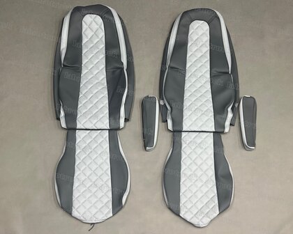 ACTIE !  Stoelhoezen geschikt voor VOLVO FH5,FH Aero  FH4  Zijkanten antraciet L17, middenstuk doorgestikt lederlook vierkantjes in licht grijs P16 met zwarte dubbelestiksels.