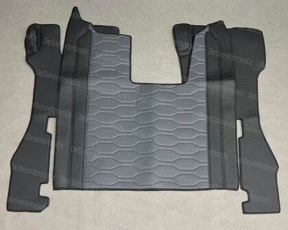 ACTIE! Set tunnelhoes en vloermatten (LUXE STOEL), geschikt voor SCANIA R NEXT GEN glad lederlook zwart L1 en groot patroon horizontaal oud antraciet LH2. Logo optioneel.
