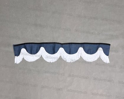Dit is een uitverkoopkleur Kleur SP11.  Raamband /voorraamstrook TYPE 1,  donkerblauw SP 11 met dubbel lange viscose franje 8 cm