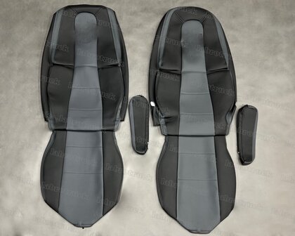 SALE! Set stoelhoezen geschikt voor VOLVO FH4/5, volledig glad lederlook, zijkanten zwart L1, middenstuk antraciet L17 met zwarte borduring en antraciet stiksels.