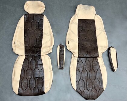 SALE! Stoelhoezen geschikt voor SCANIA MODEL 3 na 2013 passagiersstoel een KLAPSTOEL  - Zijkanten: skin beige, middenstuk: PRIT groot patroon verticaal chocoladebruin TV21, stikseles: chocoladebruin, met borduring.