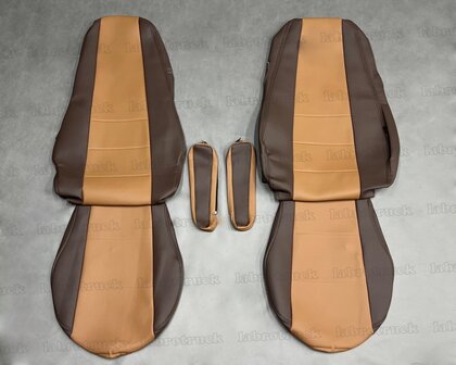 SALE! Set stoelhoezen geschikt voor VOLVO FH 3, zijkanten: mokka L25, middenstuk:  oud bruin L4, stiksels: mokka, borduring: mokka