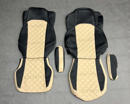 SALE! Set stoelhoezen geschikt voor MERCEDES ACTROS MP4 passagier KLAPSTOEL - zijkanten zwart L1 en middenstuk beige P4 , stiksels: beige, borduring: beige