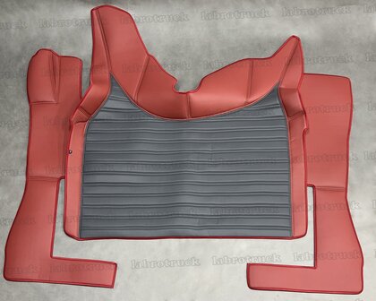 SALE! Set tunnelhoes (LOGO OPTIONEEL) met vloermatten geschikt voor Volvo FH 5/FH AERO/FH 4, bordeauxrood L10 met dubbel rechtgestikt lederlook oud antraciet R2.