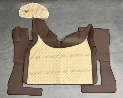 SALE ! Set tunnelhoes (LOGO OPTIONEEL), vloermatten en stuurkolom geschikt voor Volvo FH 5/FH AERO/FH 4, chocoladebruin L21 met doorgestikt lederlook met kleine vierkantjes oud cappuccino P5.