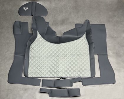 SALE !  Set tunnelhoes (LOGO OPTIONEEL), vloermatten, onder de stoel covers en stuurkolom geschikt voor Volvo FH 5/FH AERO/FH 4, antraciet L17 met doorgestikt lederlook oud grijs P6.