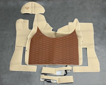 SALE !  Set tunnelhoes (LOGO OPTIONEEL), vloermatten, onder de stoel covers en stuurkolom geschikt voor Volvo FH 5/FH AERO/FH 4, cappuccino L5 met doorgestikt lederlook oud cognacbruin LH3.