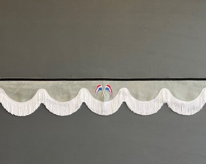 SALE : Raamband /voorraamstrook TYPE 1, Kleur: licht grijs SP16 met 8 cm dubbel franjes in witte kleur en borduring  Nederland &amp; Nederland vlaggen.