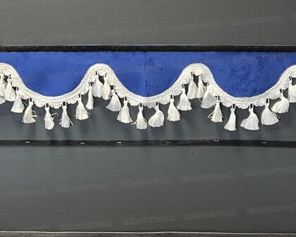 SALE : Raamband /voorraamstrook TYPE 1, Kleur: oud kobaltblauw SP7 met witte katoenen kwasten