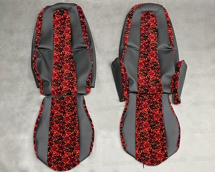 SALE! Set stoelhoezen geschikt voor VOLVO FH5 / AERO / FH4 &ndash; Zijkanten zwart lederlook L1, middenstuk rood Deens pluche, zonder logo