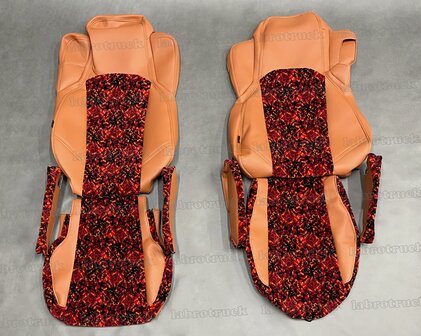 💥OP is OP! Set stoelhoezen geschikt voor MERCEDES ACTROS L passagier KLAPSTOEL - zijkanten oud oranje L33, middenstuk deens rood, stiksels: cognacbruin, zonder borduring.