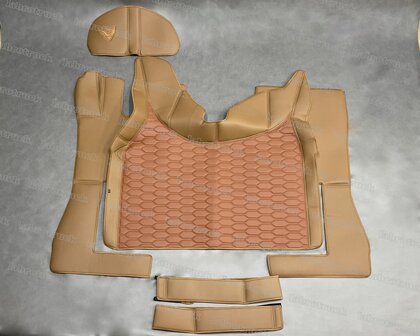 💥OP is OP: 6 dlige set tunnelhoes, vloermatten, onder de stoel covers en stuurkolom geschikt voor Volvo FH5/FH AERO/FH4, bruin L4 met oud cognacbruin patroon gestikt LH3 lederlook. 