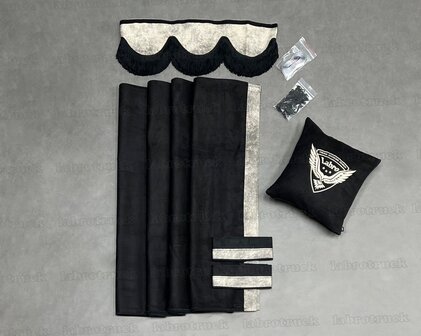 ACTIE! set zijgordijnen zwart SP1 met steebeige prit rant T41+ raamband type 1. Labro tas of sierkussen naar keuze, incl gordijnenhaakjes &amp; runners