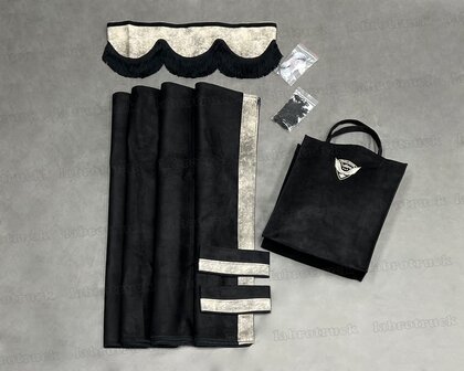 ACTIE! set zijgordijnen zwart SP1 met steebeige prit rant T41+ raamband type 1. Labro tas of sierkussen naar keuze, incl gordijnenhaakjes &amp; runners