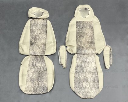 💥OP is OP! Set stoelhoezen geschikt voor SCANIA MODEL 3 na 2013 passagiersstoel een KLAPSTOEL  - Zijkanten: beige L8, middenstuk: PRIT patroon horizontaal beige TH48, stikseles: beige, borduring: zwart