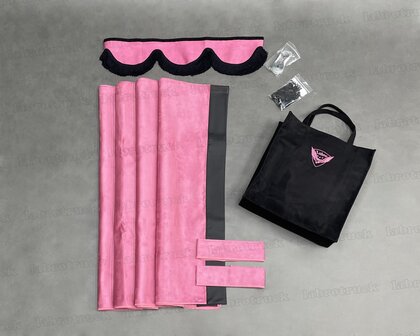 ACTIE! set zijgordijnen roze SP12 met zwart lederlook rant L1+ raamband type 1. Labro tas of sierkussen naar keuze