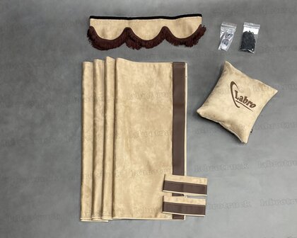 ACTIE! set zijgordijnen cappuccino SP5 met chocoladebruin lederlook rant L21 + raamband type 1. Labro tas of sierkussen naar keuze