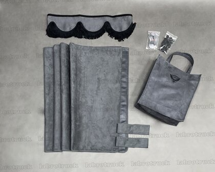 ACTIE! set zijgordijnen antraciet SP17 met antraciet prit rant T17 + raamband T17  type 1 . Labro tas of sierkussen naar keuze