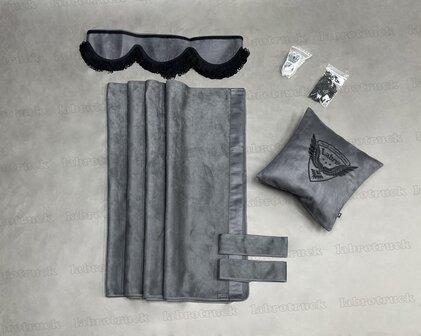 ACTIE! set zijgordijnen antraciet SP17 met antraciet prit rant T17 + raamband T17  type 1 . Labro tas of sierkussen naar keuze