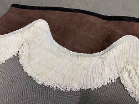 SALE : Raamband /voorraamstrook TYPE 1, Kleur: chocoladebruin SP21 met dubbel GEBROKEN WIT FRANJES